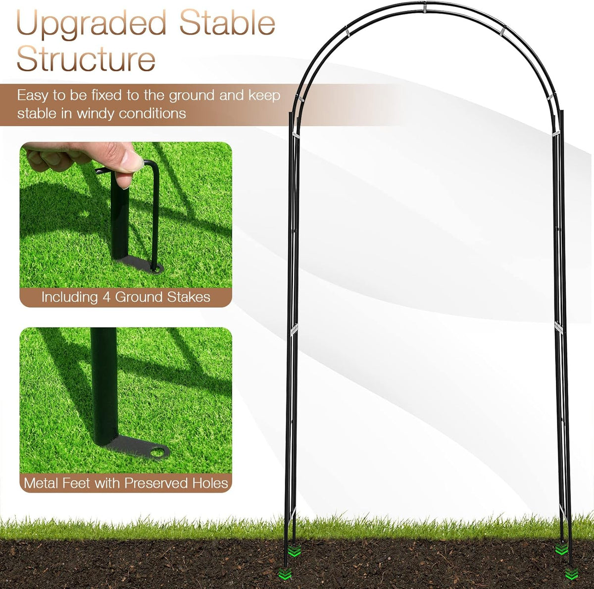 HAPPYGRILL Garden Arch, Garden Arbor with Trellis, Outdoor Garden Arbor with Stakes, Metal Garden