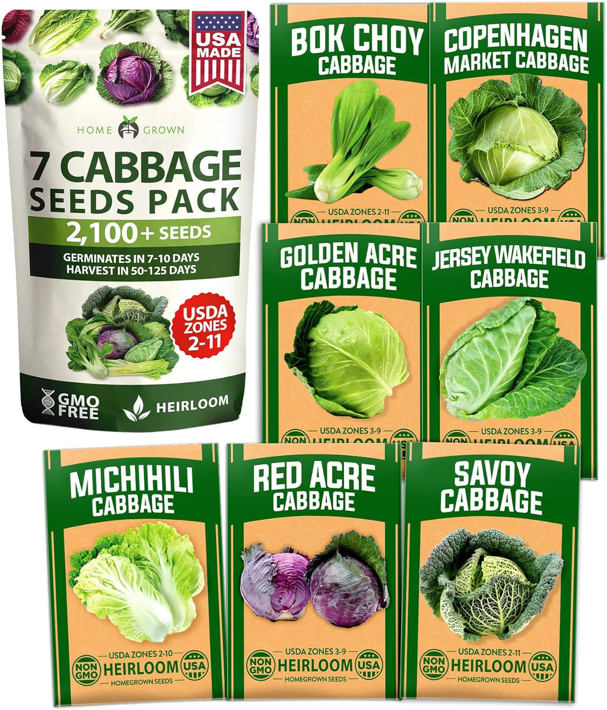 HOME GROWN 7 Cabbage Seeds for Planting - 2000+ Heirloom 𝗡𝗢𝗡-𝗚𝗠𝗢 𝗨𝗦𝗔 Seeds - Golden
