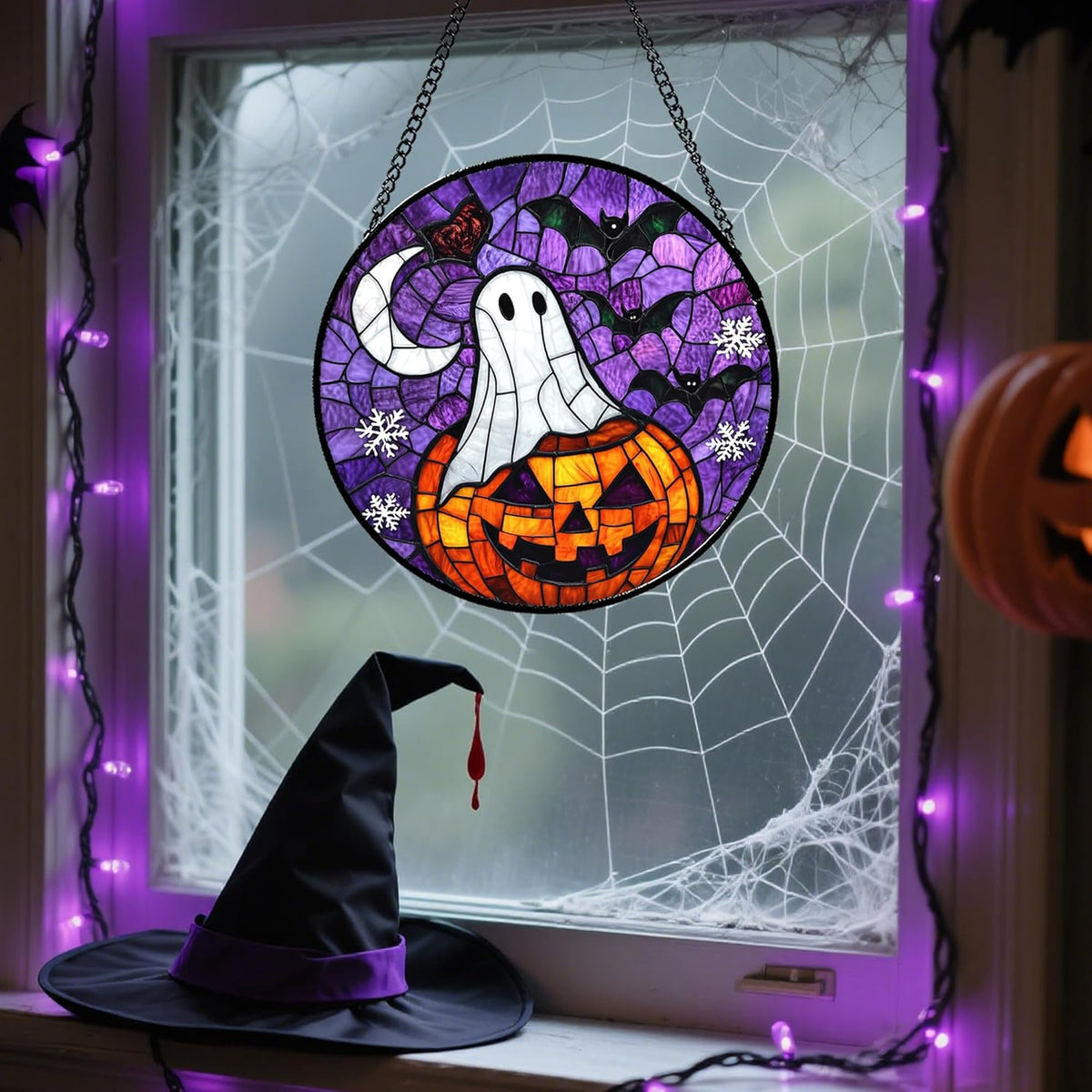Stained Glass Window Hanging Halloween Horror Pumpkin 15" - Suncatcher Door Garden Sunroom Gothic