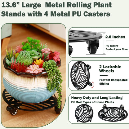 1 Pack Large Metal Plant Caddy with Wheels 13.5 Inches Heavy-duty Iron Rolling Plant Stand with