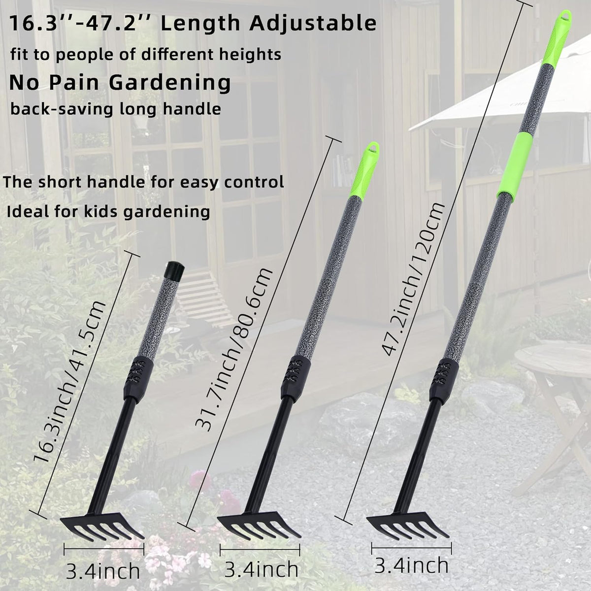 Hand Rake, Adjustable Handle Garden Small Rake Garden Tool, Heavy Duty Hand Tiller Cultivator with