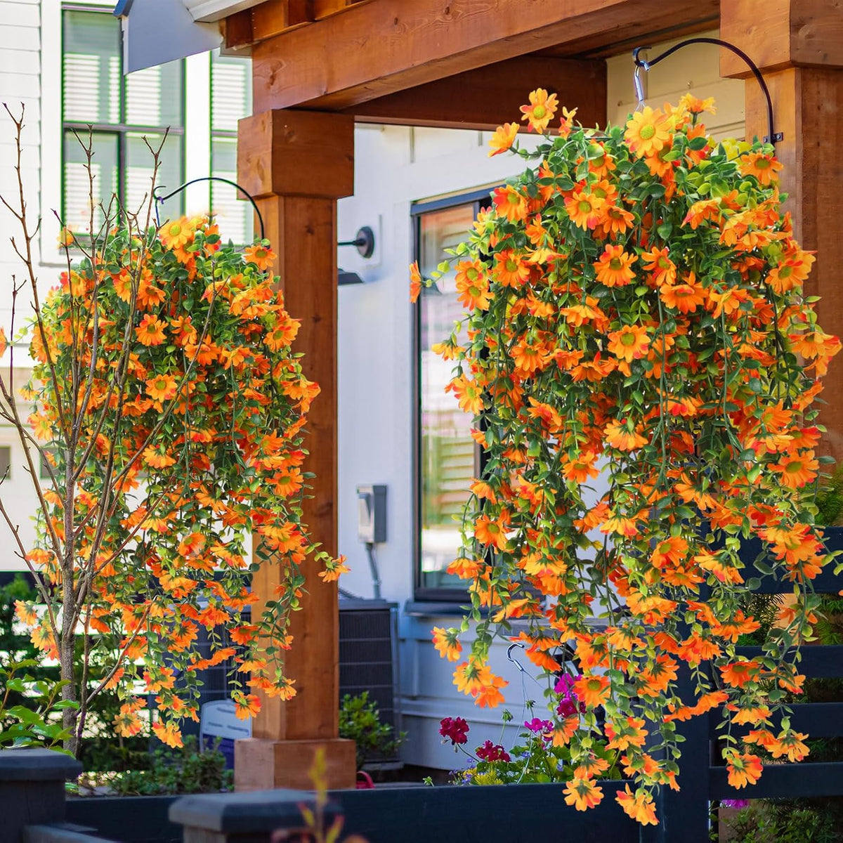 6 Pcs Artificial Fall Hanging Flowers Outdoor Silk Mum Plants Autumn Decor Faux Violet with
