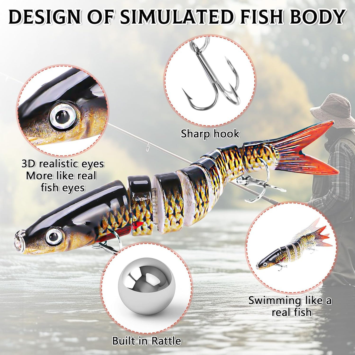 6PCS Swimbait Kit ，Realistic Bait and Surface Bait with Realistic 3D fisheye and Multi Joint