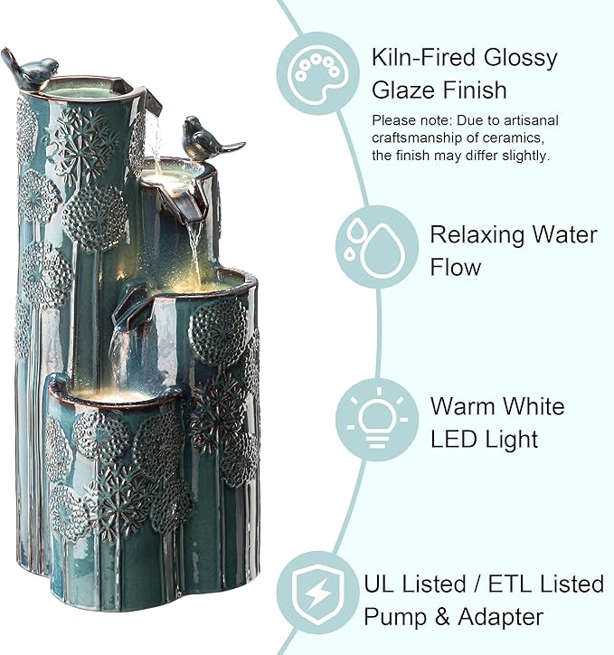 Glitzhome 31.75" H Outdoor Water Fountain with LED Lights and Pump, 4 Tier Dandelion Texture Vase
