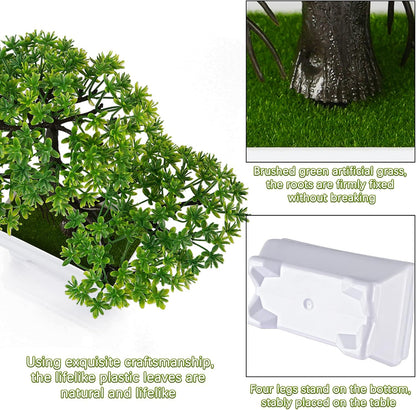 Mini Artificial Bonsai Tree Plants with Plastic Cement Pots for Home Office Décor (Green)