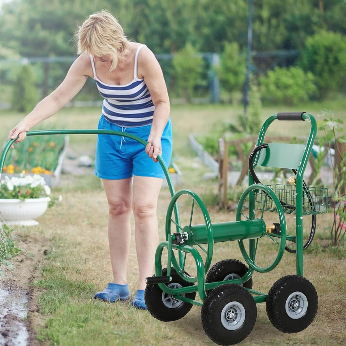 Hose Reel Hold Up To 300 Ft Heavy Duty Garden Hose Reel Sturdy Water Hose Reel Cart with 4 Wheels