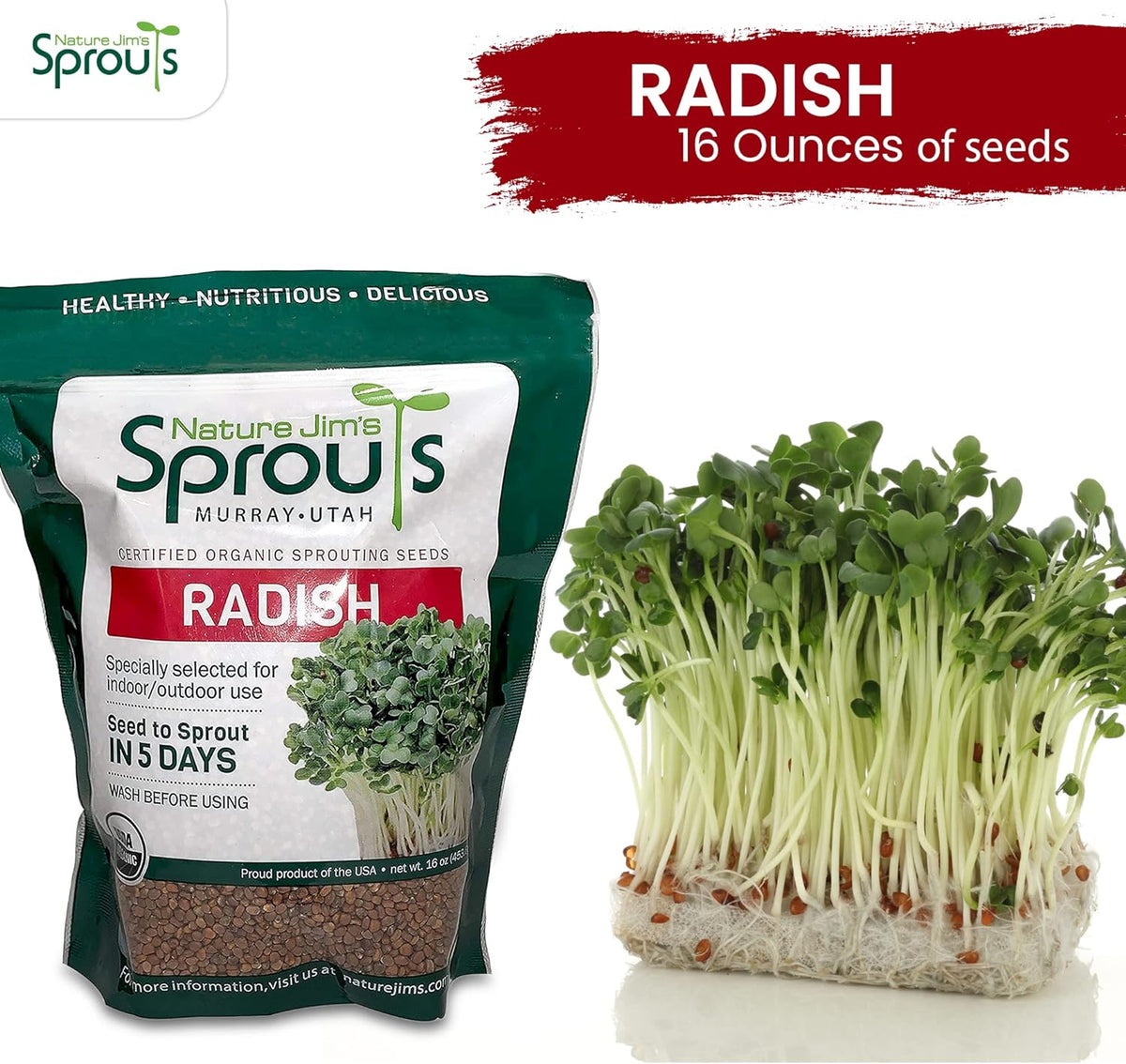Nature Jims Radish Sprout Seeds – 16 Ounce Organic Sprouting Seeds – Non-GMO Premium Radish