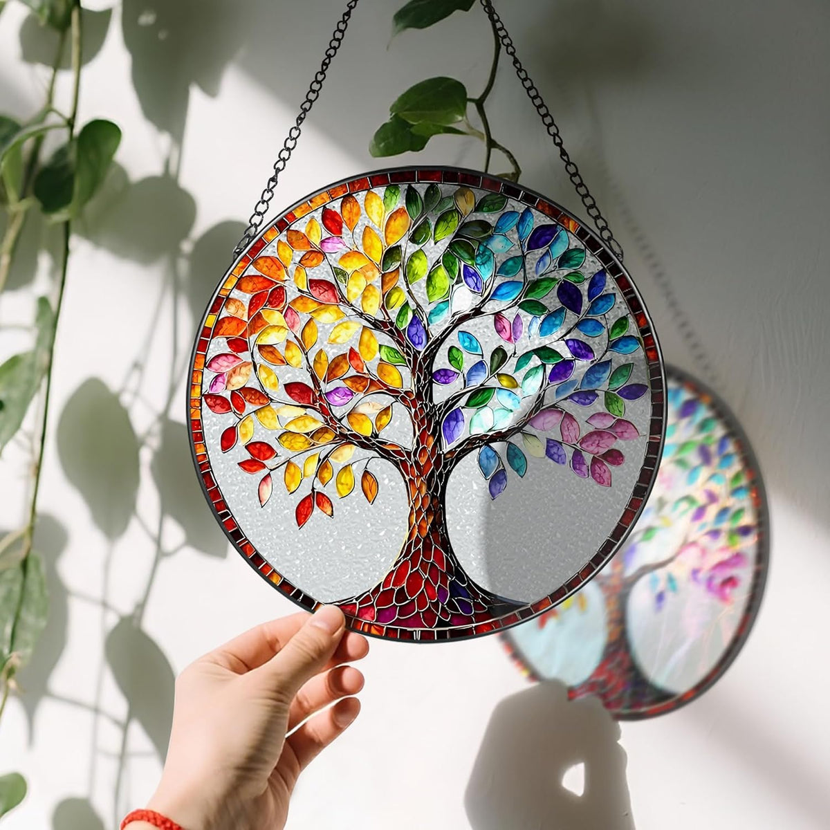 8'' Tree of Life Sun Catcher Ornament, Stained Glass Window Hanging, Suncatchers for Windows