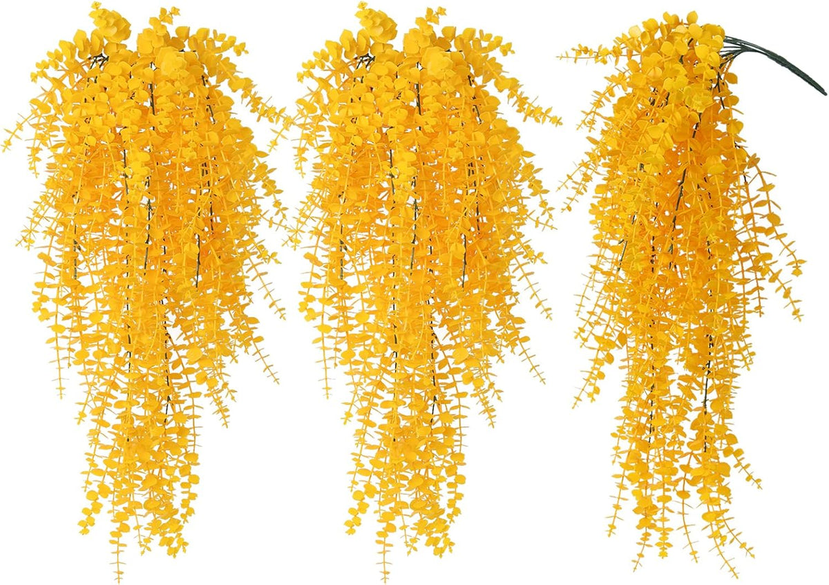 RECUTMS Aritificial Hanging Plant 3 Pack Fake Eucalyptus Leaves Faux Yellow Vine Plant Hanging for