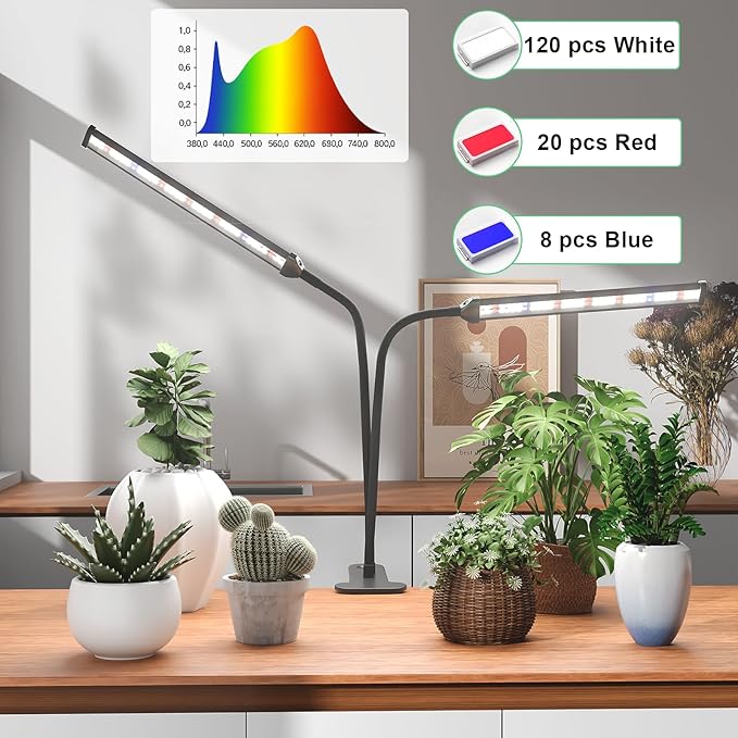 GooingTop Grow Light LED Gooseneck Lamp,Dual-Head White Full Spectrum 148 LED Plant Lamp with Red