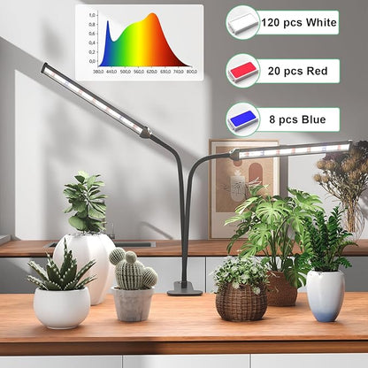 GooingTop Grow Light LED Gooseneck Lamp,Dual-Head White Full Spectrum 148 LED Plant Lamp with Red