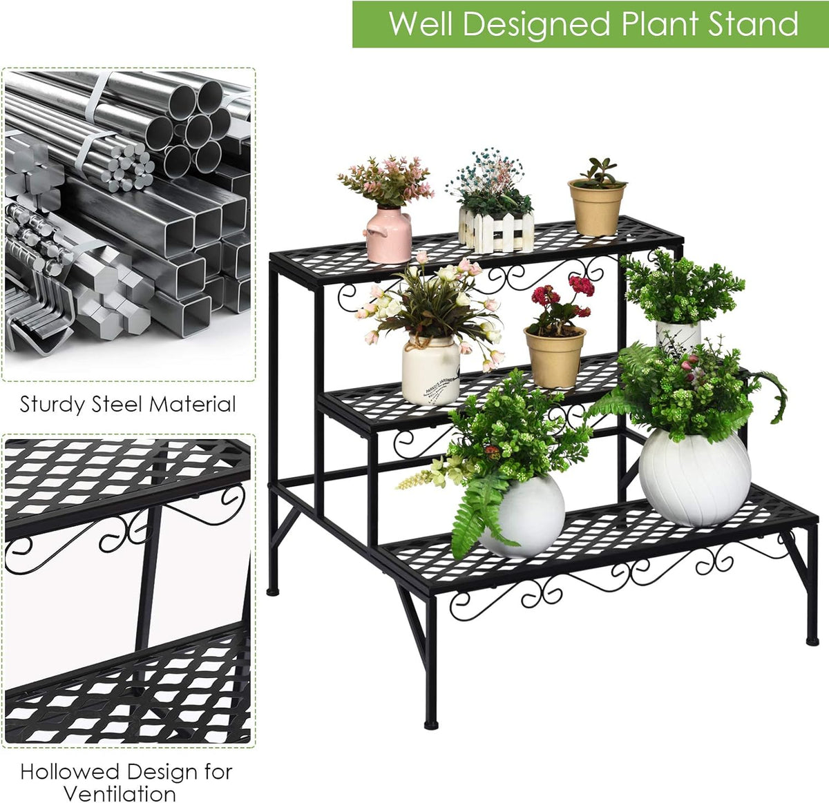 Giantex 3 Tiers Black Metal Plant Stand, Metal Plant Shelf Stands w/ 6-9 Flower Potted Capacity