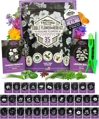 35 Tactiko Edible Flower & Herb Seeds Kit Variety - USA Grown Heirloom Non-GMO Open-Pollinated