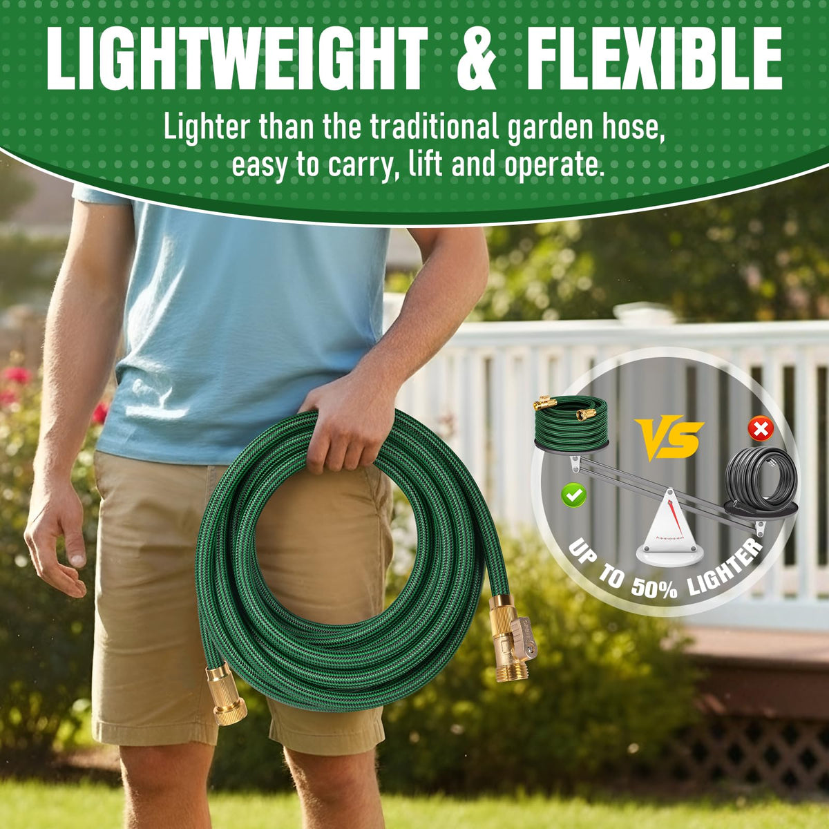 NON-EXPANDABLE Garden Hose 25 ft, Heavy Duty Flexible Water Hose, Kink Resistant Lightweight Hybrid