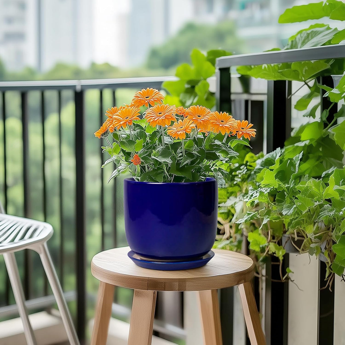 Ceramic Flower Pot 7 Inch - Cylinder 7 Inch Round Planter for Cactus Orchid Plants with Drainage