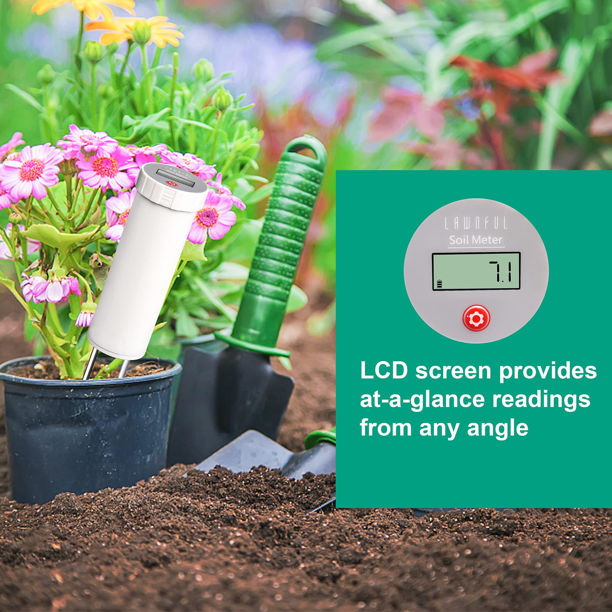 LAWNFUL Digital Soil pH Meter, Industrial Grade Soil pH Tester with Calibration-Free LCD Display