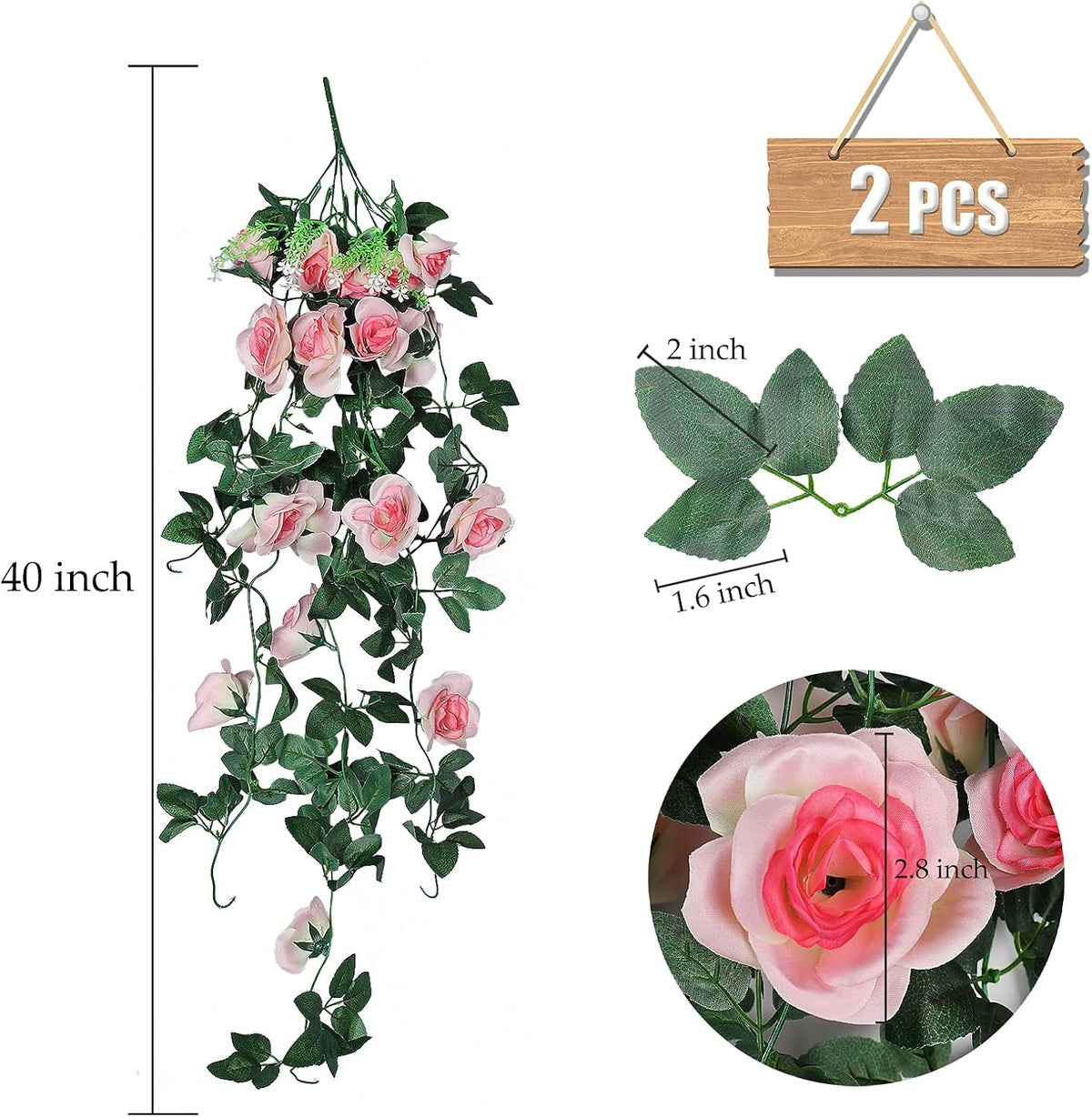 RECUTMS 2PCS Artificial Hanging Flower 3.3Ft Fake Garland for Home Room Garden Wedding Indoor