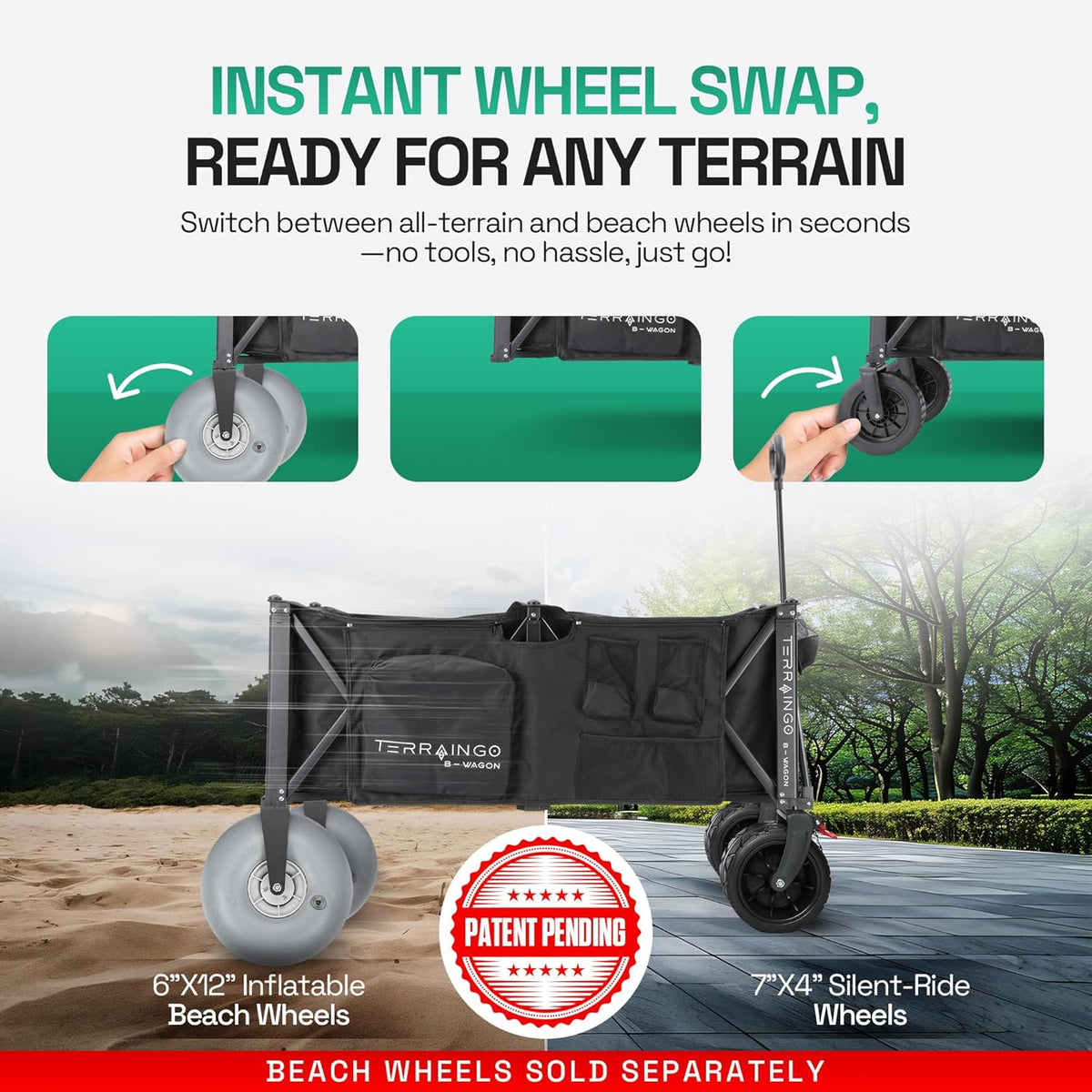 Foldable Beach Wagon Cart- Interchangeable All Terrain Wheels- 12" Beach Wheels Optional- Patent