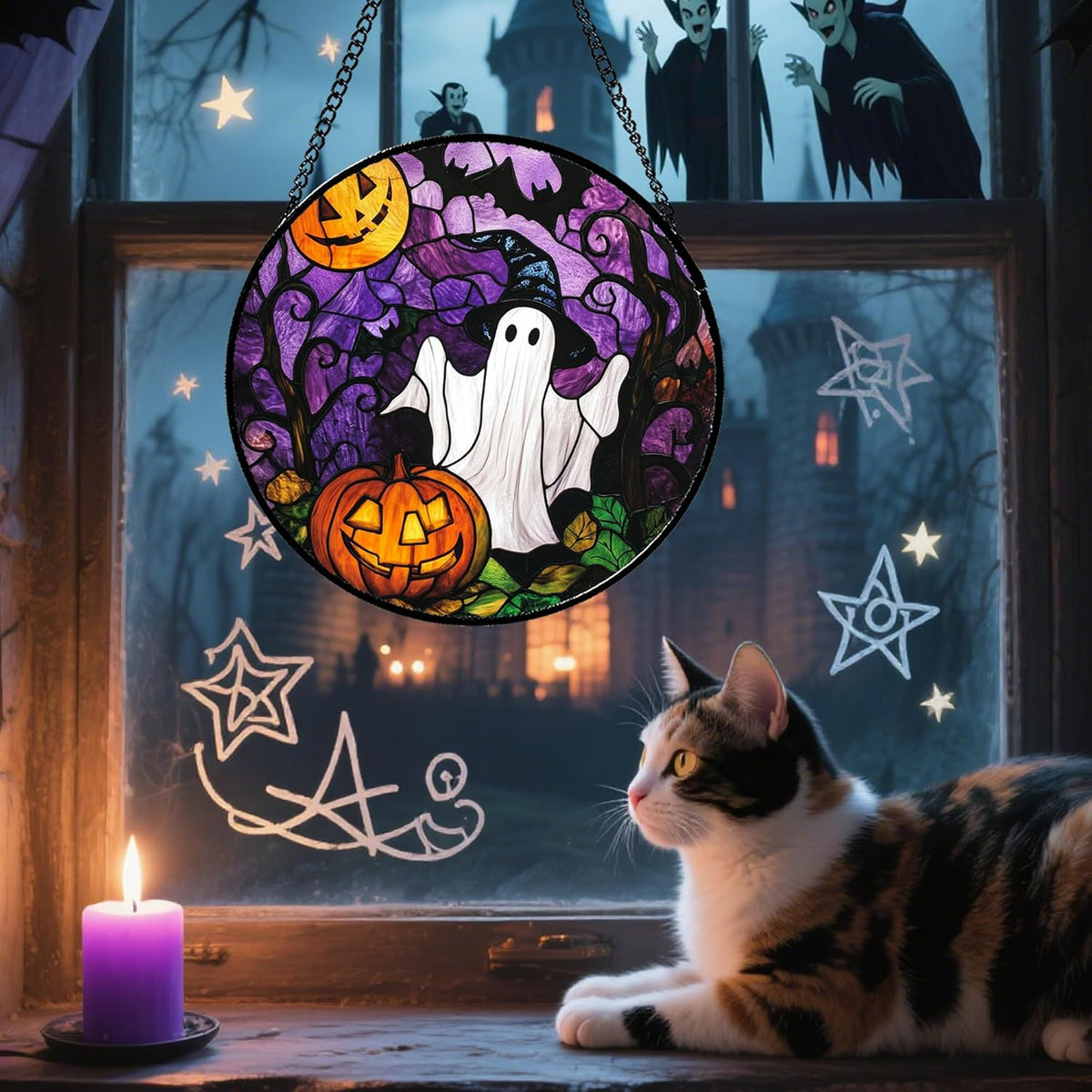 Stained Glass Window Hanging Halloween White Ghost Black Bat 6.3" - Suncatcher Door Garden Sunroom