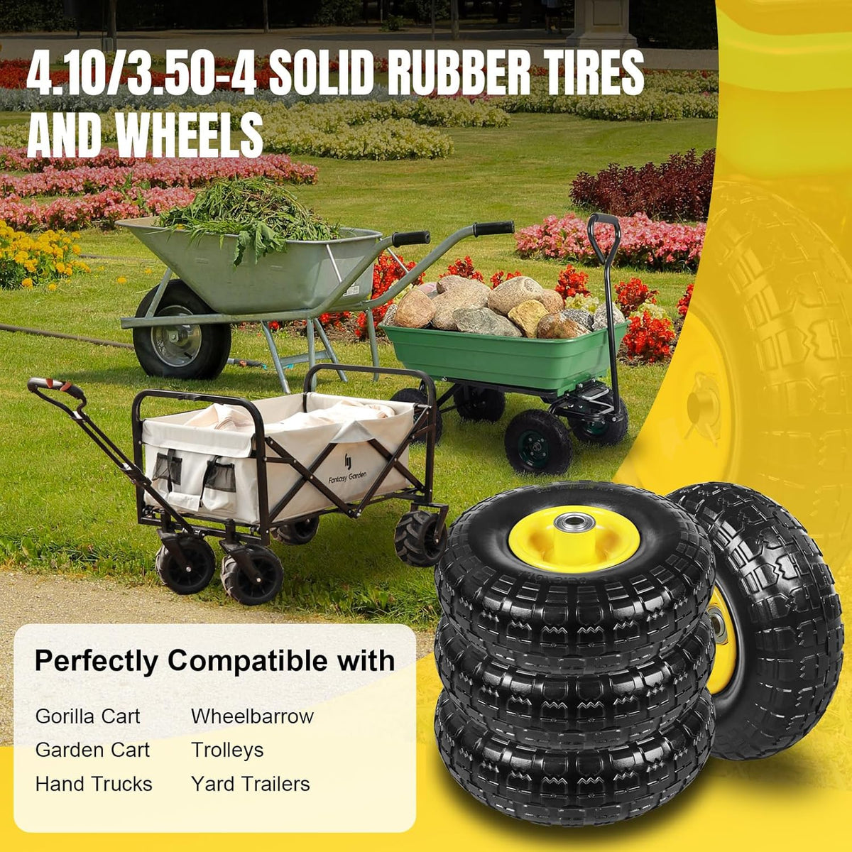 10 Inch Soild Rubber Dolly Tire Wheels, 4.10/3.50-4" Tire and Wheel Flat Free for Garden Carts