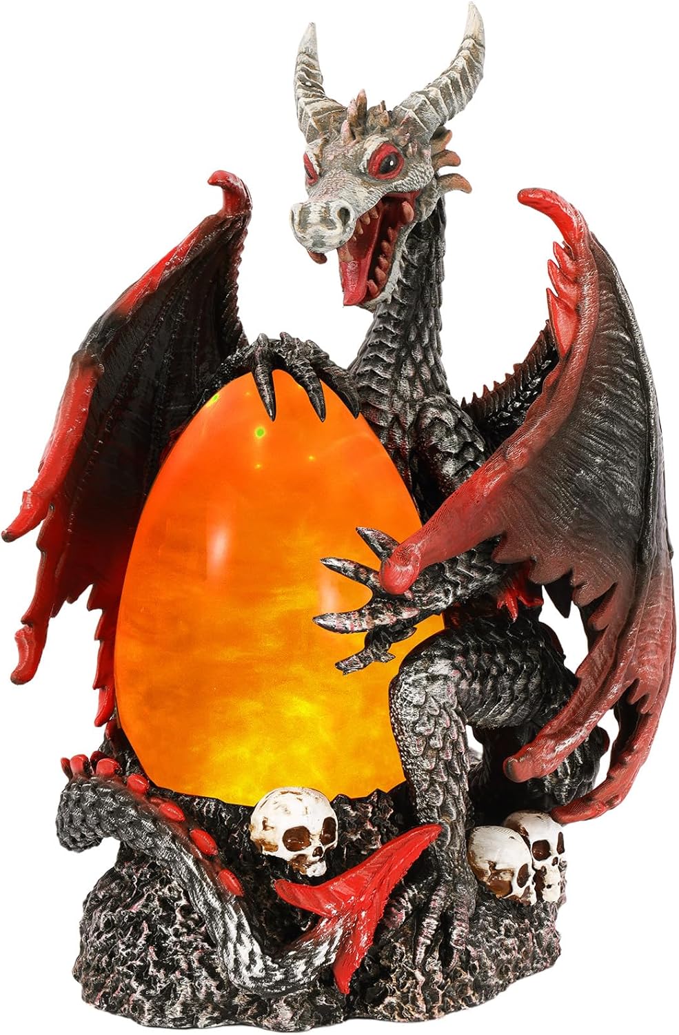 Evil Dragon Snow Globe Statue, Illuminated Water Filled Egg, Rotating Mist Effect, Skull-Embedded