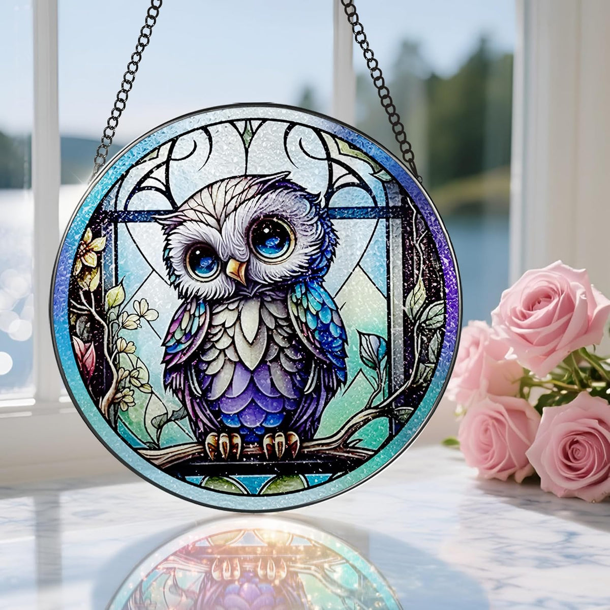 8 Inch Stained Glass Suncatcher Ornament, DOUHASU Owl Sun Catchers Indoor Window, Stained Glass