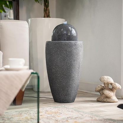 XBrand 25.98" H Round Stone Indoor/Outdoor Modern Stone Textured Sphere Water Fountain w/LED