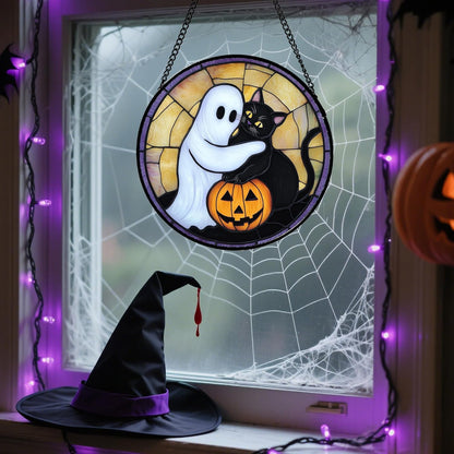 Stained Glass Window Hanging - Halloween Decorations Cute White Ghost Black Cat Suncatcher for