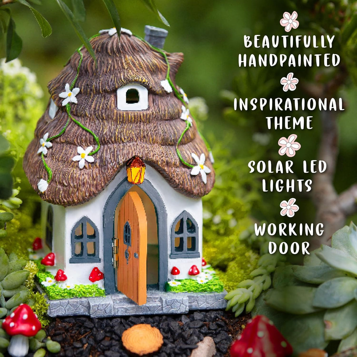 WILD PIXY Fairy Garden House - Glow in The Dark Fairy Cottage with Opening Door and Solar LED