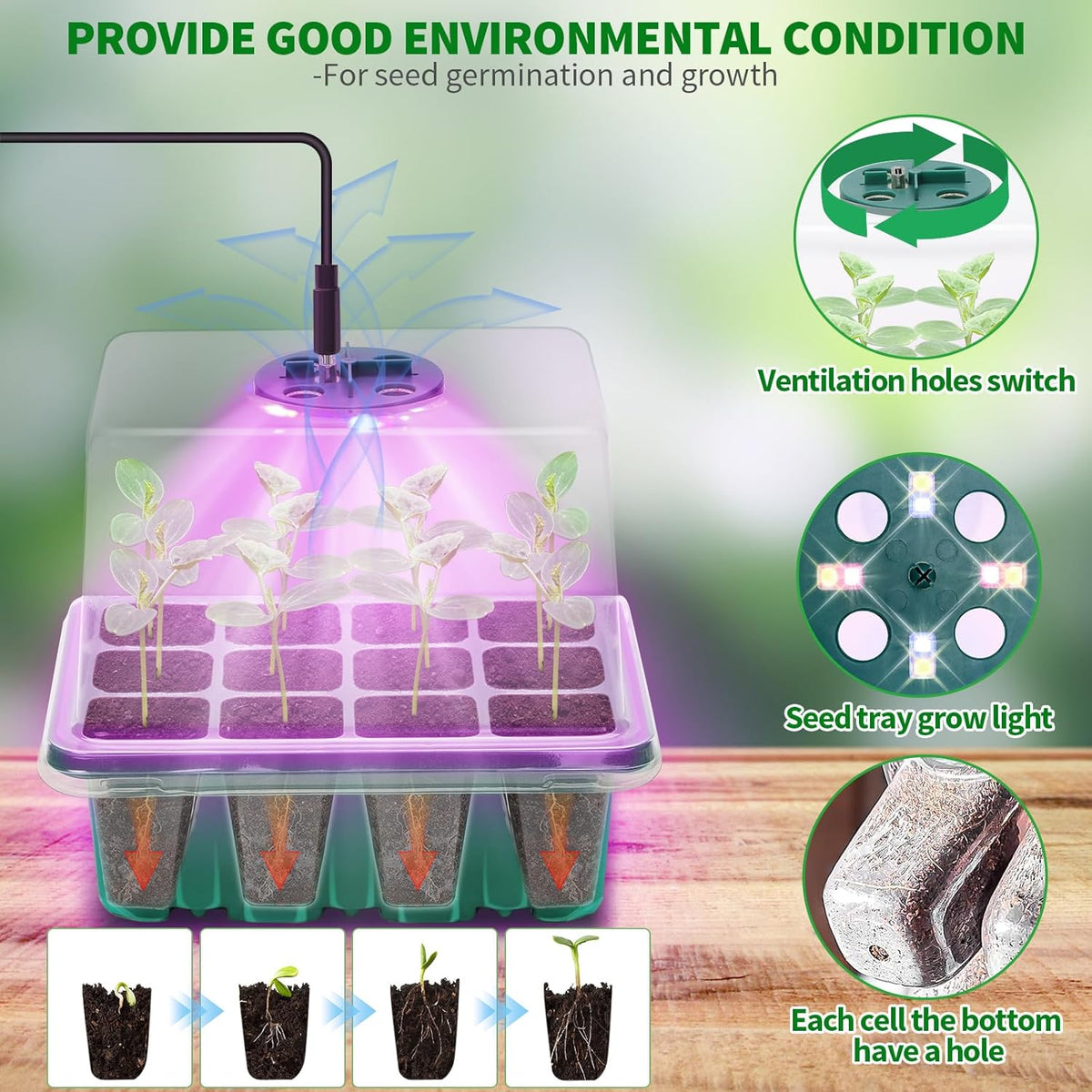 Seed Starter Tray with Plant Light, 4 Pack Grow Lights for Seed Starting Kit with Humidity Domes