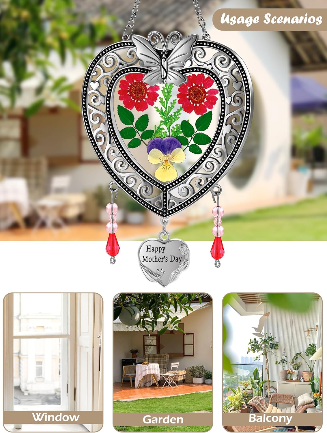 KY&BOSAM Suncatcher Happy Mother’s Day Stained Glass Tree of Life Heart Gifts Garden Ornament Wind