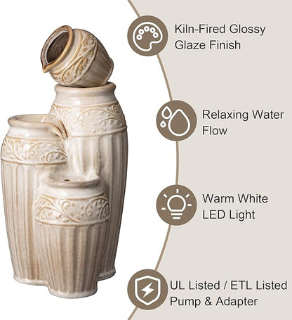 Glitzhome 27.25" H Outdoor Garden Water Fountain with LED Lights and Pump, 4 Tier Sand Beige