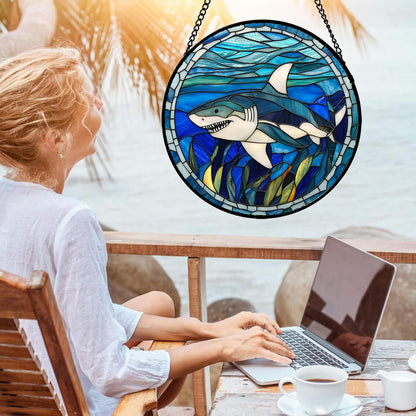 Stained Glass Suncatcher, Blue Ocean Big Shark Sun Catcher Waterweed Stain Glass Window Hanging