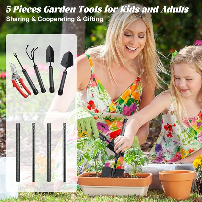 Garden Tool Set with Extended Long Handle, 5 Pieces Stainless Steel Gardening Tool Kit, Gifts for