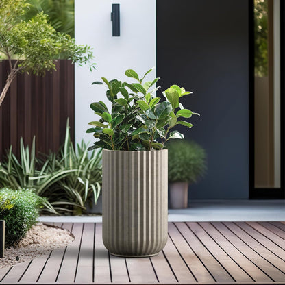 Kante Tall Fulted Planter, 17.7 Inch Tall Round Concrete Plant Pots with Drainage Hole and Rubber