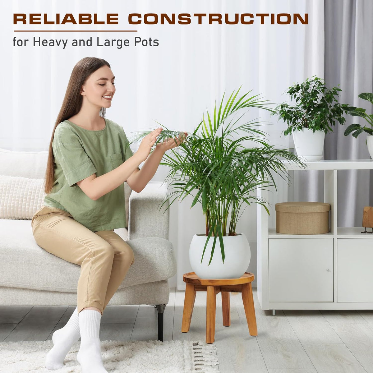 Demigo Indoor Plant Stand, Acacia Wooden Decorative Plant Shelf with Spill-Proof Tray, Stable 8”