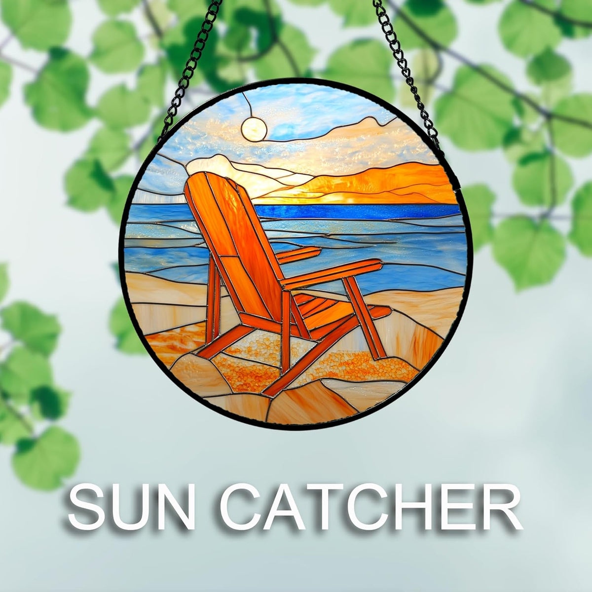 Stained Glass Window Hanging 4 Pcs Set Blue Orange Ocean Beach Theme 9.8" - Suncatcher Door Garden