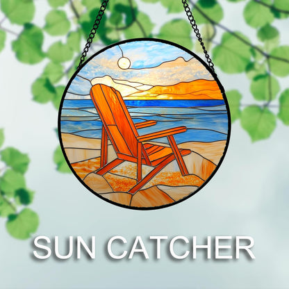 Stained Glass Window Hanging 4 Pcs Set Blue Orange Ocean Beach Theme 9.8" - Suncatcher Door Garden