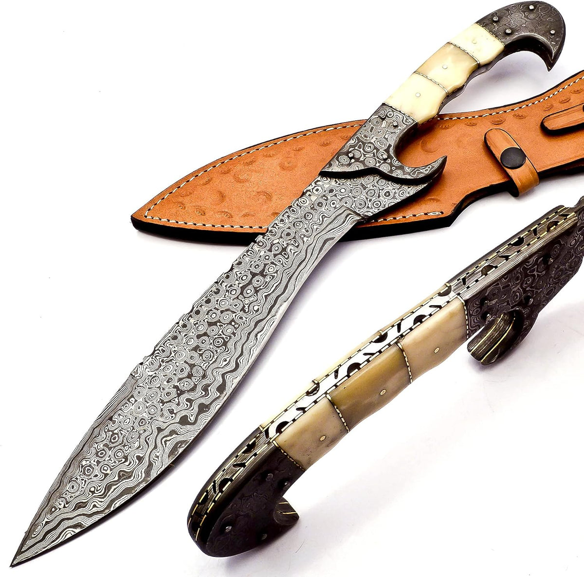 Nooraki MK-2007 Handmade Damascus Steel Fixed Blade Machete/Kukri Knife with Leather Sheath, Full