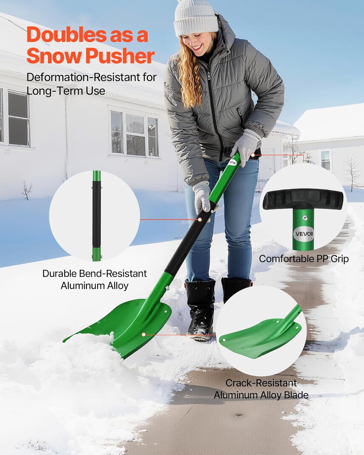 VEVOR Snow Shovel for Driveway, 8.5 in Wide Aluminum Alloy Snow Shovel with T-Shaped Handles, Large