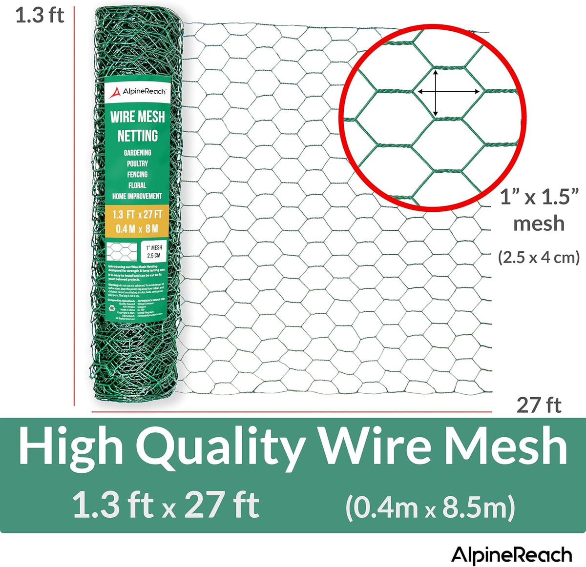 AlpineReach Chicken Wire 1.3ft x 27ft (15.6" x 324") for Floral Arrangements, Zip Ties - Green Mesh