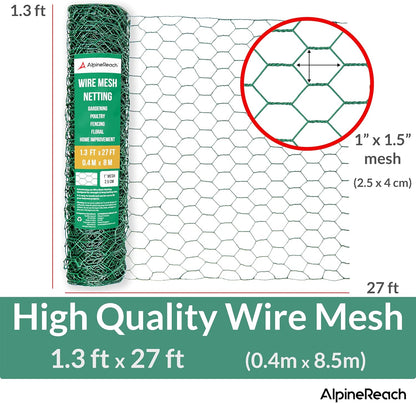 AlpineReach Chicken Wire 1.3ft x 27ft (15.6" x 324") for Floral Arrangements, Zip Ties - Green Mesh