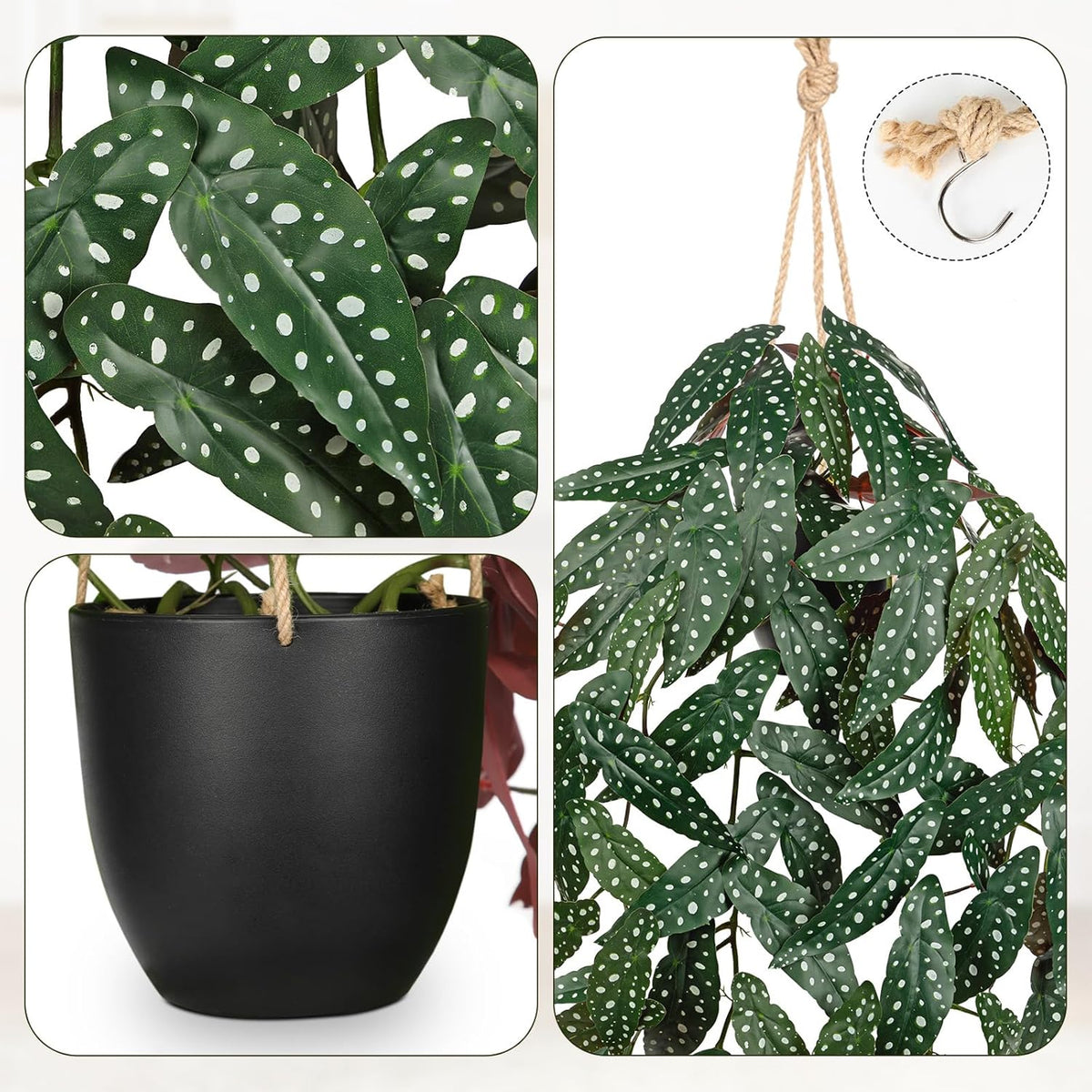Large Fake Hanging Plants in Pot with Hook, 37" Artificial Hanging Begonia Vines Plants, Fake