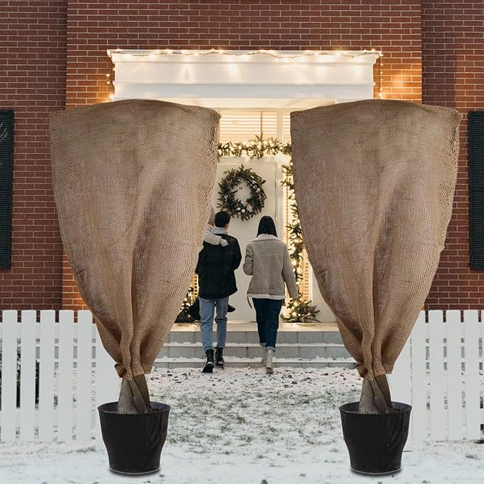 Svepndic 2PCS 47''x40'' Reusable Warm Burlap Winter Plant Cover Bags with Drawstring Burlap Plant
