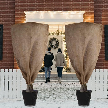 Svepndic 2PCS 47''x40'' Reusable Warm Burlap Winter Plant Cover Bags with Drawstring Burlap Plant