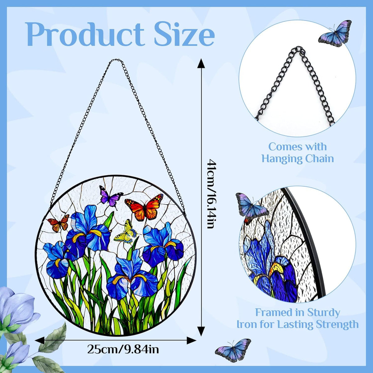 Stained Glass Window Hanging Iris Flower Suncatcher, Renyalora 10 Inch Round Glass Sun Catcher for