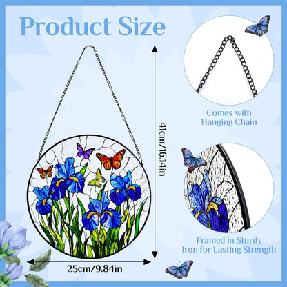 Stained Glass Window Hanging Iris Flower Suncatcher, Renyalora 10 Inch Round Glass Sun Catcher for