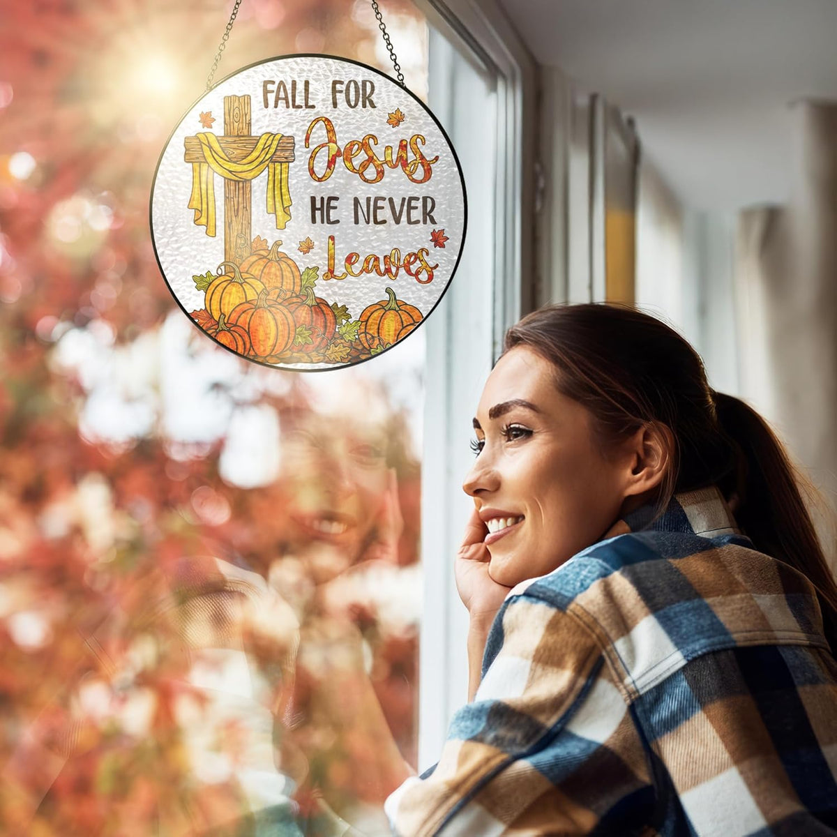 FLAGWIX Fall Decorations for Home - Stained Glass Window Hanging 8in - Christian Sun Catchers