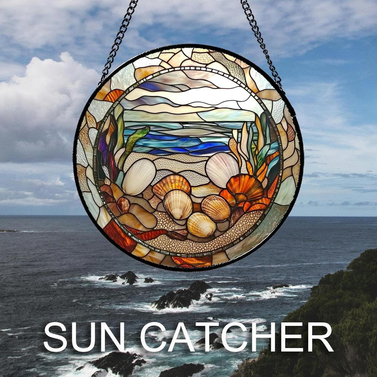 Stained Glass Window Hanging Conch Shells Ocean Seaweed Large 15" - Suncatcher Door Garden Sunroom