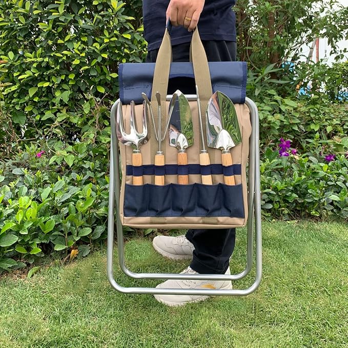Garden Folding Gardener Stool with Gardening Tools Insulation Garden Bags Plus 5 Garden Tools and